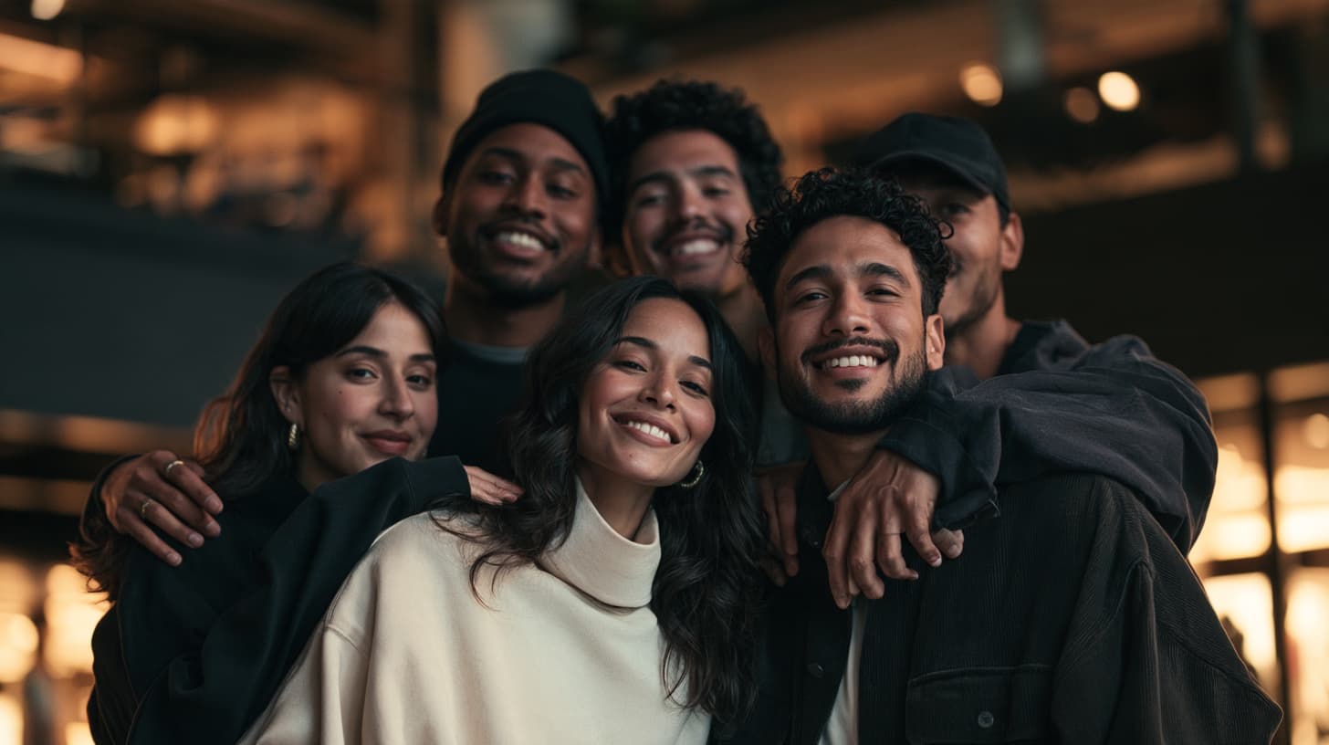 A group of smiling young Black and Brown friends standing close together, arms around each other