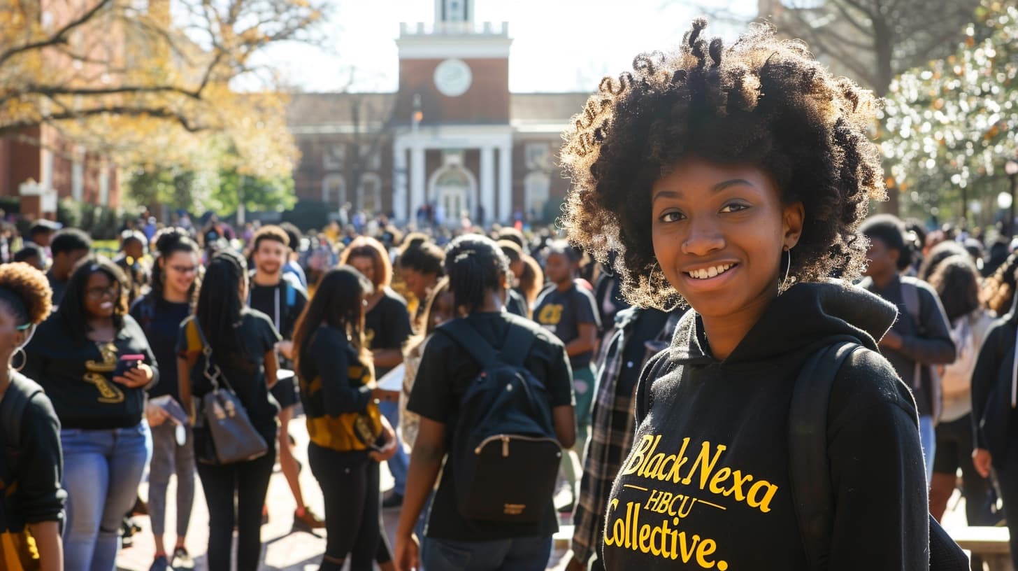 Smiling student in a Black Nexa HBCU Collective hoodie on a busy college campus